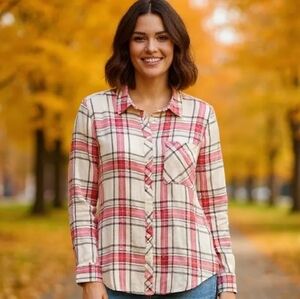 Arizona Jean CO. - Button Up Flannel Plaid Shirt, Boyfriend Fit, Long...